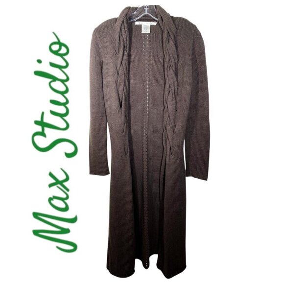 NWOT MAX STUDIO Open Cardigan Sweater Duster Chocolate Brown Shawl Collar, XS - Picture 9 of 10